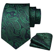Mens Ties Solid Paisley Ties for Men and Pocket Square Woven Classic Green Ne...