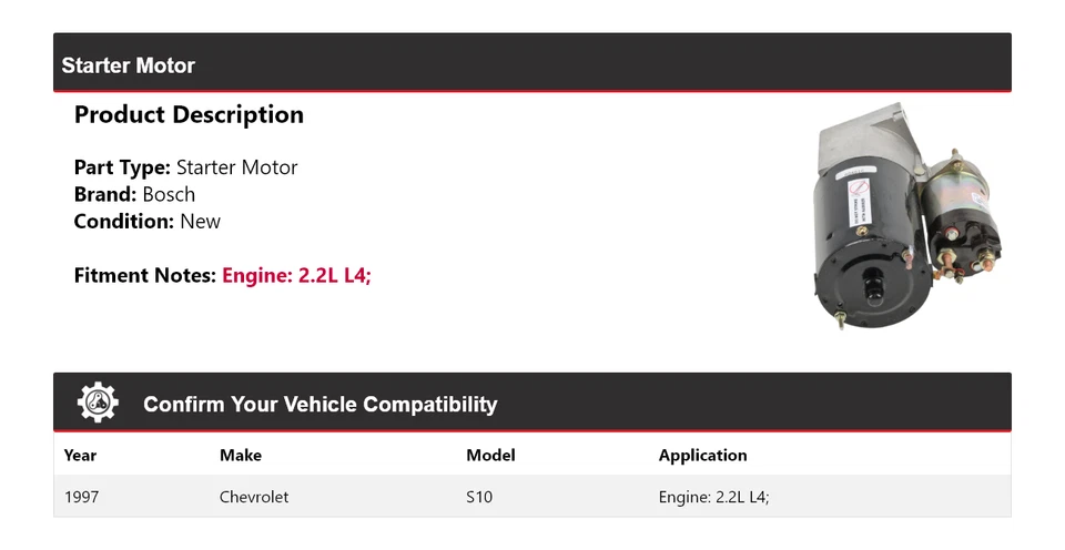Chevrolet S10 1997 2,2 L L4 arranque Bosch (nuevo) Foto 2 de 4