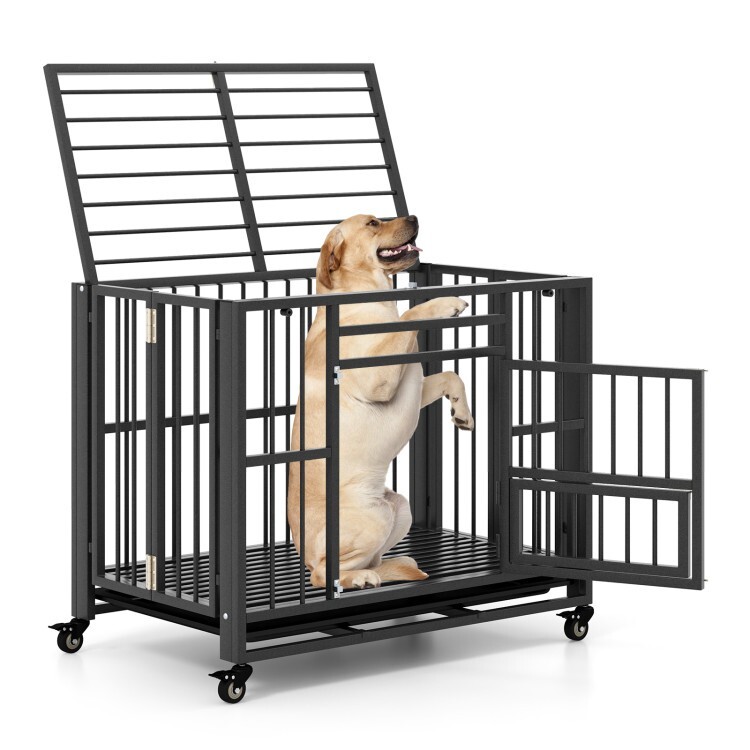 Rolling Dog Crate Heavy-Duty Metal Dog Kennel Cage w/Convenient