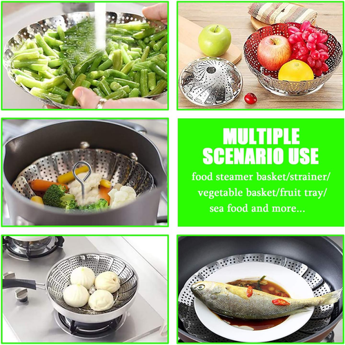 Steamer Basket Stainless Steel Vegetable Basket Metal Handle Folding Silicone Fe - Picture 5 of 7