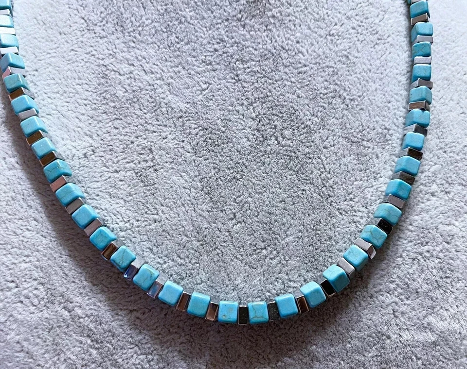 Collana Girocollo Uomo in Pietra Naturale Blu Turchese Ematite cubo argento 4mm - Immagine 4 di 4