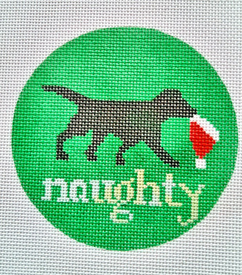 Hand-painted Needlepoint Naughty Christmas Lab 4'' Round, ''18'' mesh, NEW