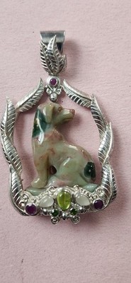 Sajen Signed 925 Sterling Silver Jasper Carved Dog Pendant Animals & Insects