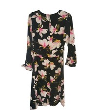 NWT Halston Womens Long Sleeve Belted Floral Dress Black Multi SZ 8 Modern Chic