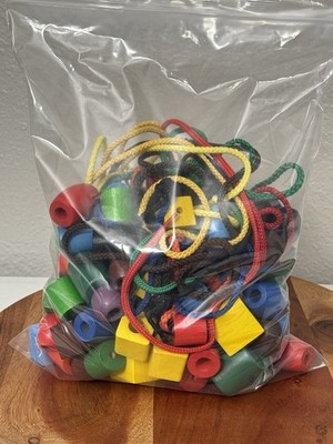 Wooden Lacing Beads for Toddlers PreSchool Fine Motor Skills 13 Laces/124 Blocks