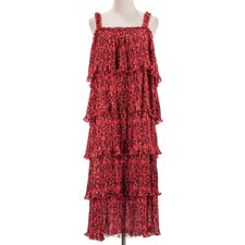 Ganni NWT Sleeveless Tiered Pleated Midi Dress Size 36 (US 4) Racing Red / Multi
