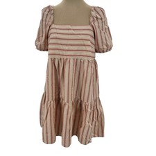 LOFT Women Red Striped Puff Sleeve Tiered Babydoll Mini Dress Size 4