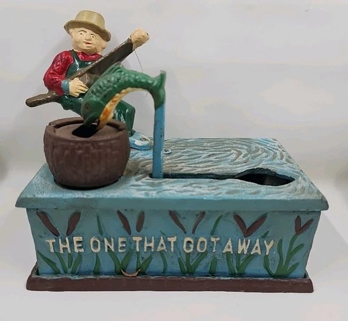 Vintage Cast Iron Mechanical Bank Fisherman the One That Got Away Tested Works!