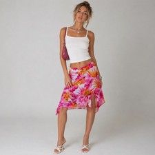 Vintage Y2K Imagine USA Midi Skirt Small Slinky Asym Tropical Floral Resortwear