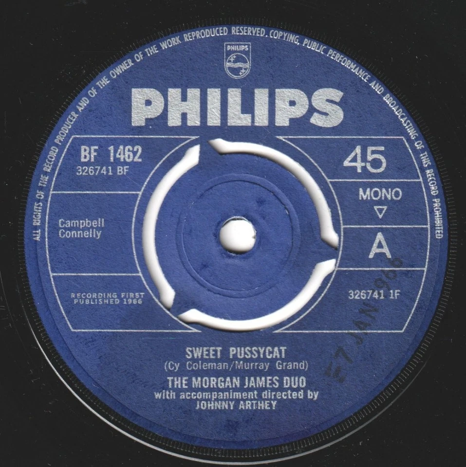 Morgan James Duo Sweet Pussycat 7" vinyl UK Philips 1965 3 prong label design in - Image 3 of 3