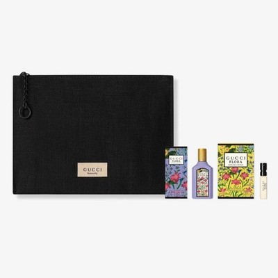Gucci Flora Gorgeous Magnolia Mini Perfume, Gorgeous Orchid Sample & Makeup Bag 