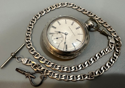 Elgin s18 5oz Coin Silver Case Pocket Watch, 1884, with chunky sterling chain
