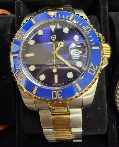 Pagani Design Automatic Diver Watch Blue Dial Date Two-Tone Bracelet 40mm