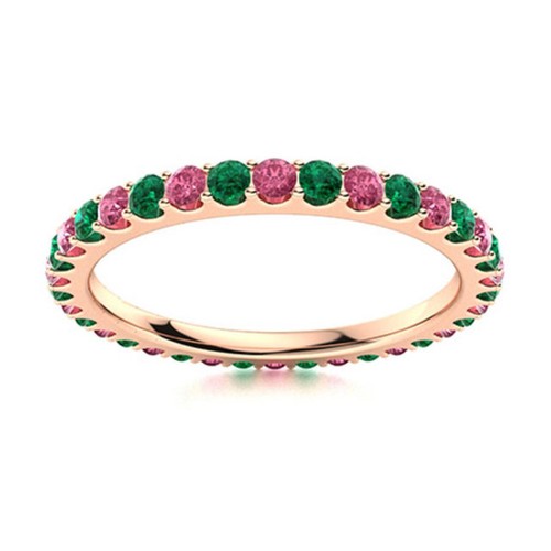 Full Eternity Round Emerald & Pink Topaz 925 Sterling Silver Rose Plated Ring