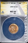 1957-D Lincoln Wheat Cent- ANACS MS 66 RB- Lustrous- No Reserve #SLA1036