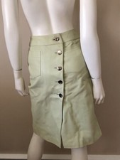 Auth Chanel Light Green Leather Skirt Silver CC Buttons Size 34