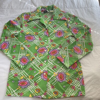 1970's Shirt Flower Power Disco Hippie Groovy Neon Green Psychedelic Vintage