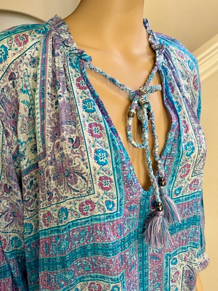 ZARA Dress Small Blue & Purple Cotton Serena Tiered Tassel Printed Midaxi - Image 2 of 4