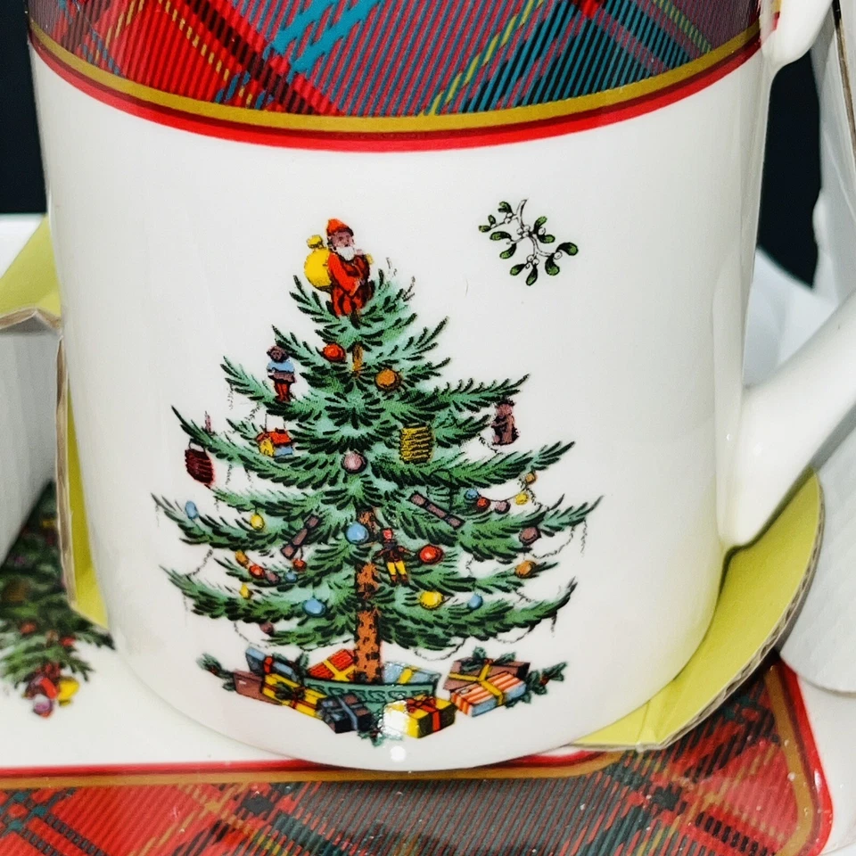 Spode Christmas Tree Tartan Set of 2 Mugs & Tray, 10 ounce Mugs New in box - Image 4 of 4