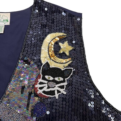 VTG The Quacker Factory Sequined Halloween Vest 2X Ghost Pumpkins Moon Black Cat - Picture 4 of 9