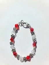 Toddler Bracelet, Age 1-3 Years. Red and White Glass Beads with flower spacers
