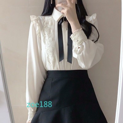 Lace Shirt Blouse Tops Bowknot Ruffle Frill Lolita Long Sleeve Office Women Chic