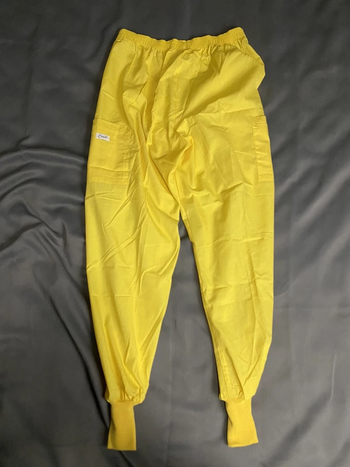 CREST UNIFORMS UNISEX SCRUB PANTS DRAW STRING Fabric Cuff Ankles Sz Large Yellow - Image 2 of 4
