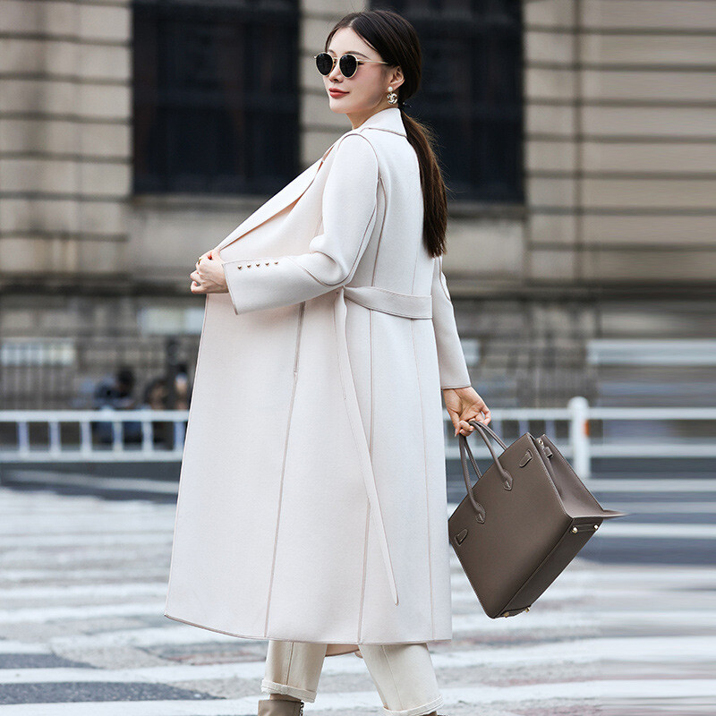 Winter Long Cashmere Trench Coat Women Waist Cinched With