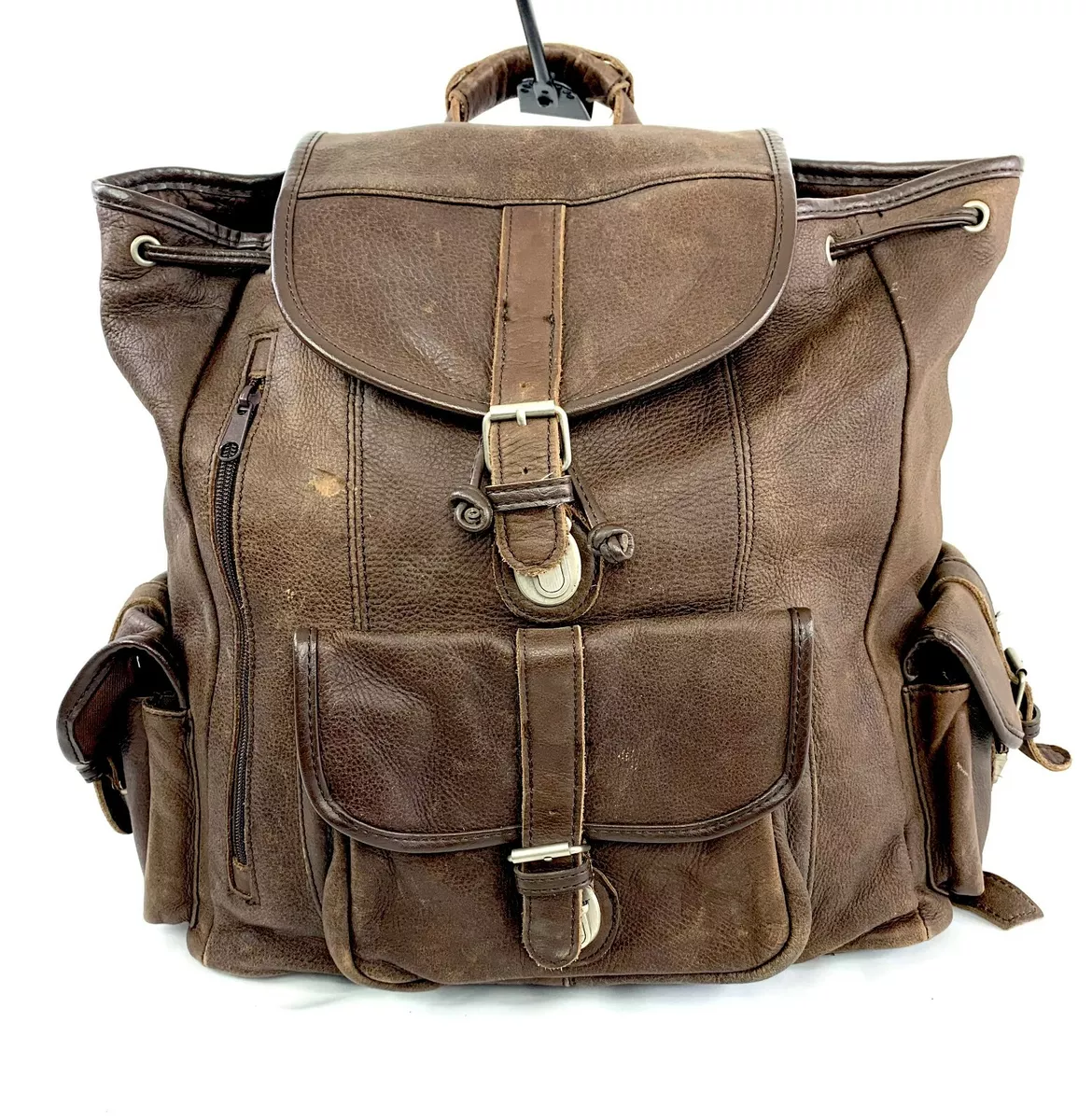 Unbranded Vintage Brown Distressed Cowhide Leather Backpack Patina