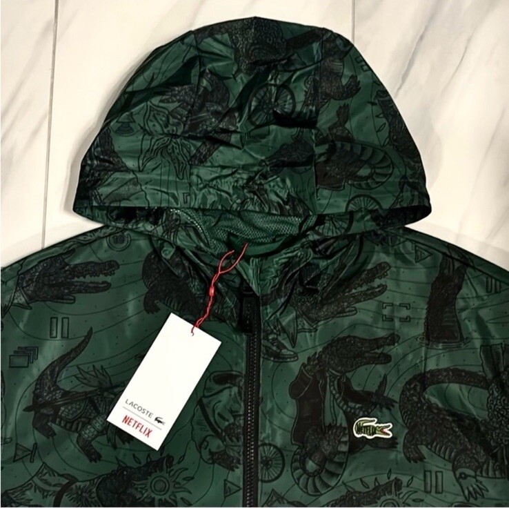 Lacoste X Netflix Men's All Over Hooded Windbreaker Jacket Dark