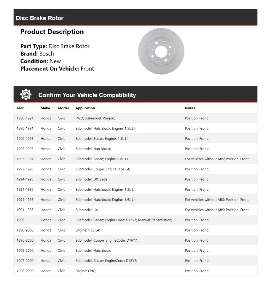 Rotor de freno de disco delantero QuietCast para Honda Civic Bosch 1990-2000 1991 1992 1993 Foto 2 de 4