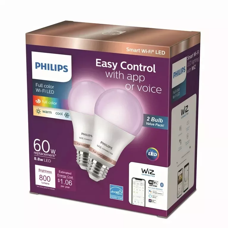 2 PACK Philips Smart Wi Fi LED 60 Watt A19 Dimmable Color Light
