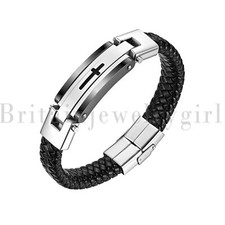 Cross Leather Braided Bracelet Stainless Steel Religious Cuff Bracelet for Men