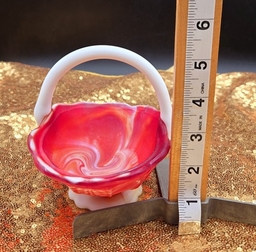 Imperial Glass Basket Orange Red Slag Swirl White Handle Doeskin Finish - Picture 14 of 14