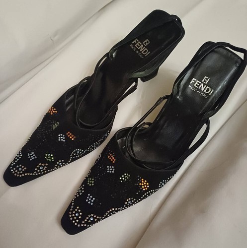 Authentic vintage fendi women black evening heel SZ 37.5 - Picture 5 of 9