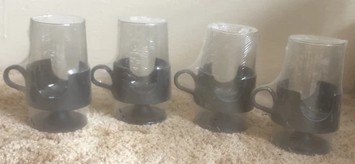 NEW Set of 4 Vintage Corning Glas-Snap Mugs Black Base Glassware 12oz Hot Cold