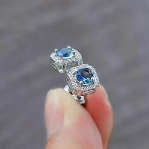 2Ct Round Cut Lab-Created Blue Sapphire Halo Stud Earrings 14K White Gold Plated