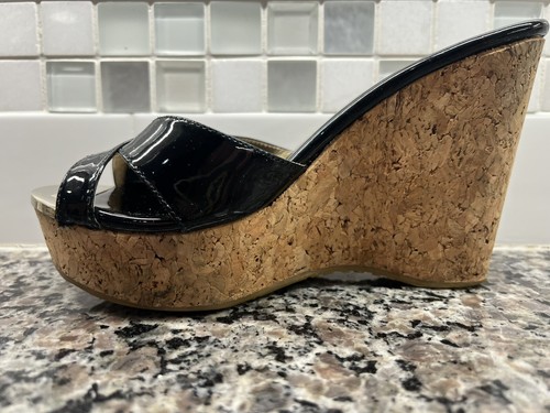 Jimmy Choo Womens Black Patent Leather Wedge Cork Platform Sandal Sz 35 EU 5 US - Picture 7 of 11
