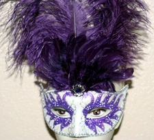 VENETIAN Mardi Gras Masquerade Ball SILVER PURPLE MASK w/ GLITTERS FEATHERS New