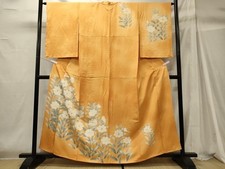 Japanese Kimono Embroidery Flower Halo Dyed Gold Color Pure Silk