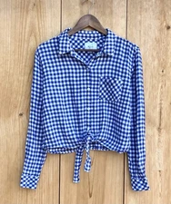 Rails Val Button Up Front Tie Blouse in Blue Gingham Sz Large 