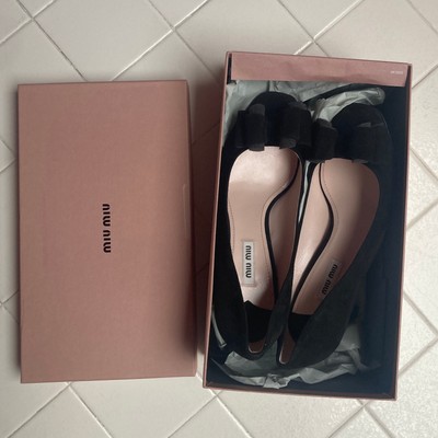 MIU MIU Black Suede Leather Peep Toe Double Bow Pump Size EU 38.5