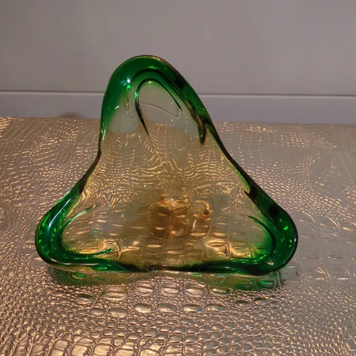 Vintage Murano Sommerso Italian Art Glass Triangle Dish Bowl Green Amber MCM