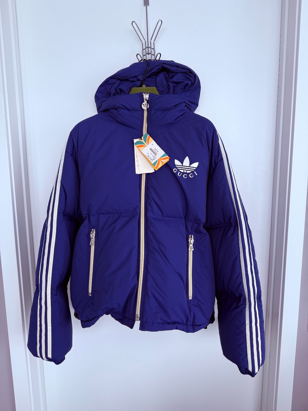 Gucci x Adidas Jacket Men’s L (IT 54) Blue White Down Puffer Hooded NWT Auth image 2