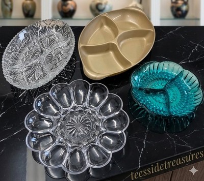 Vintage Glas & Kunststoff Servierschalen Set Buffet Hors d'Oeuvres Party Tabletts