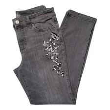 St John's Bay Jeans Women's Size 12 Straight Leg Mid Rise Embroidered Gray Denim