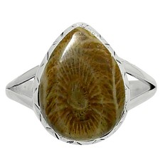 Premium Quality Flower Fossil Coral 925 Sterling Silver Ring s.10 Jewelry R-1074