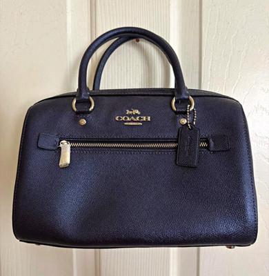 Coach Black Pebbled Satchel Top Handle Gold Hardware Bottom Studs Metallic blue.