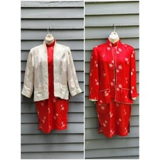 Vintage Silk Brocade Cheongsam Qipao Dress Jacket Set Red White Small