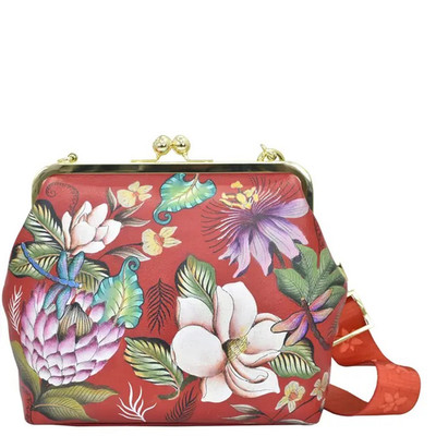 anuschka  leather  Kiss lock Frame Red Floral Crossbody with Guitar Strap